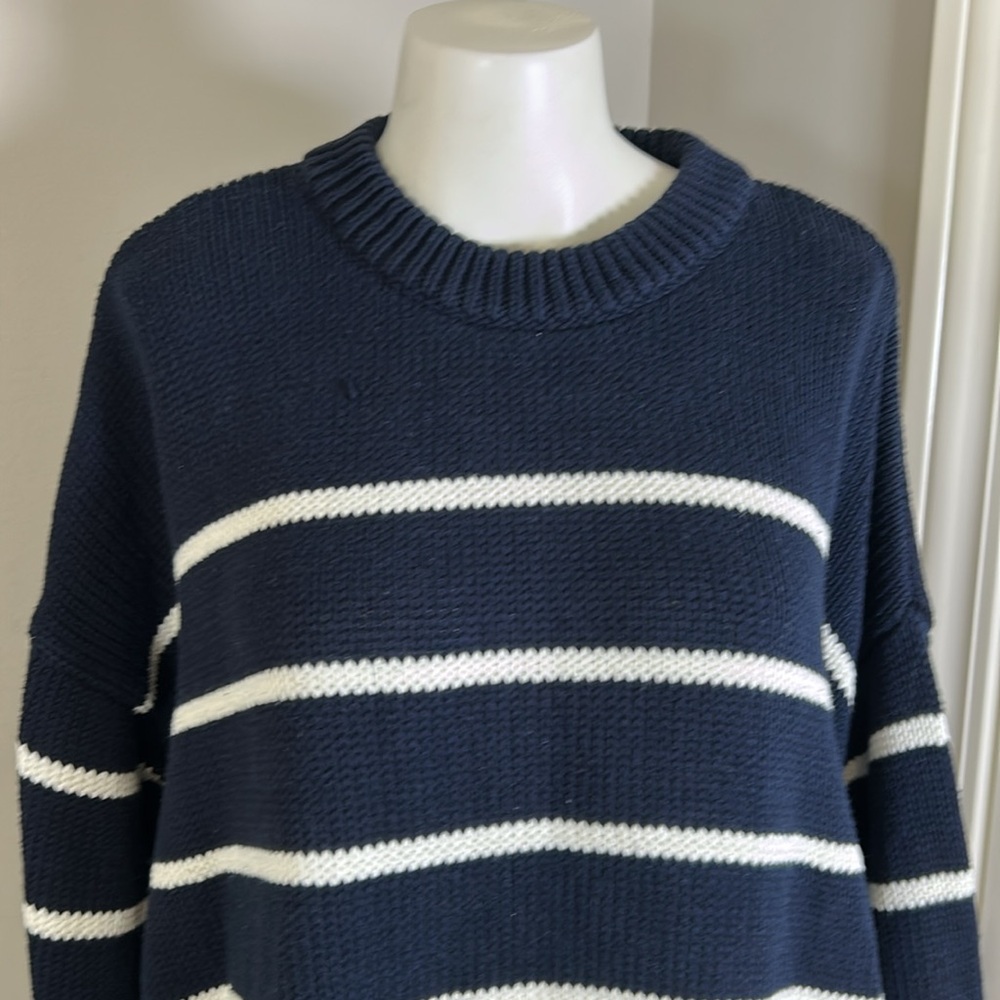 Jenni Kayne Chloe Striped Cotton Crewneck Sweater Boxy Navy Blue White Stripe L - Picture 3 of 11
